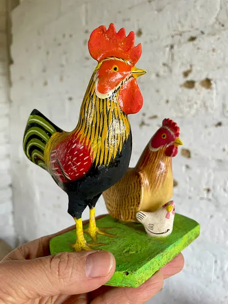 Gallo Y Gallina Tallados En Madera -India 1995