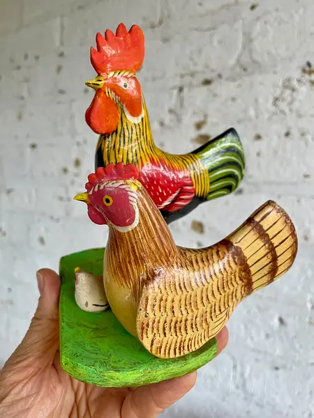 Gallo Y Gallina Tallados En Madera -India 1995